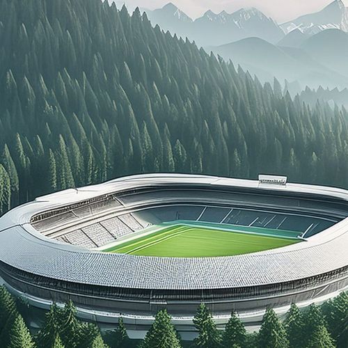 Konzeptkunst eines Fußballstadiums mitten im Wald umgeben von Bergen