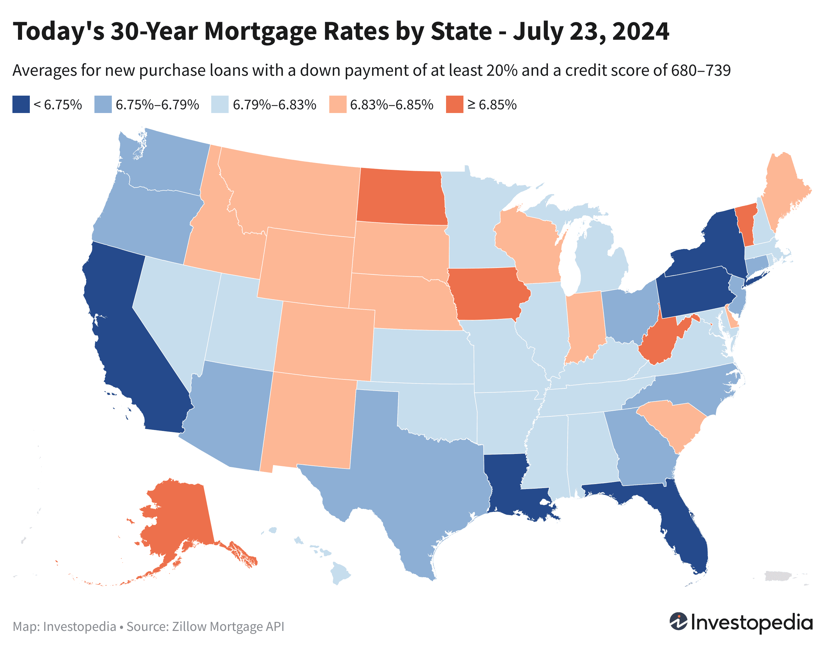 Map of today's 30-year mortgage rates by state - July 23, 2024