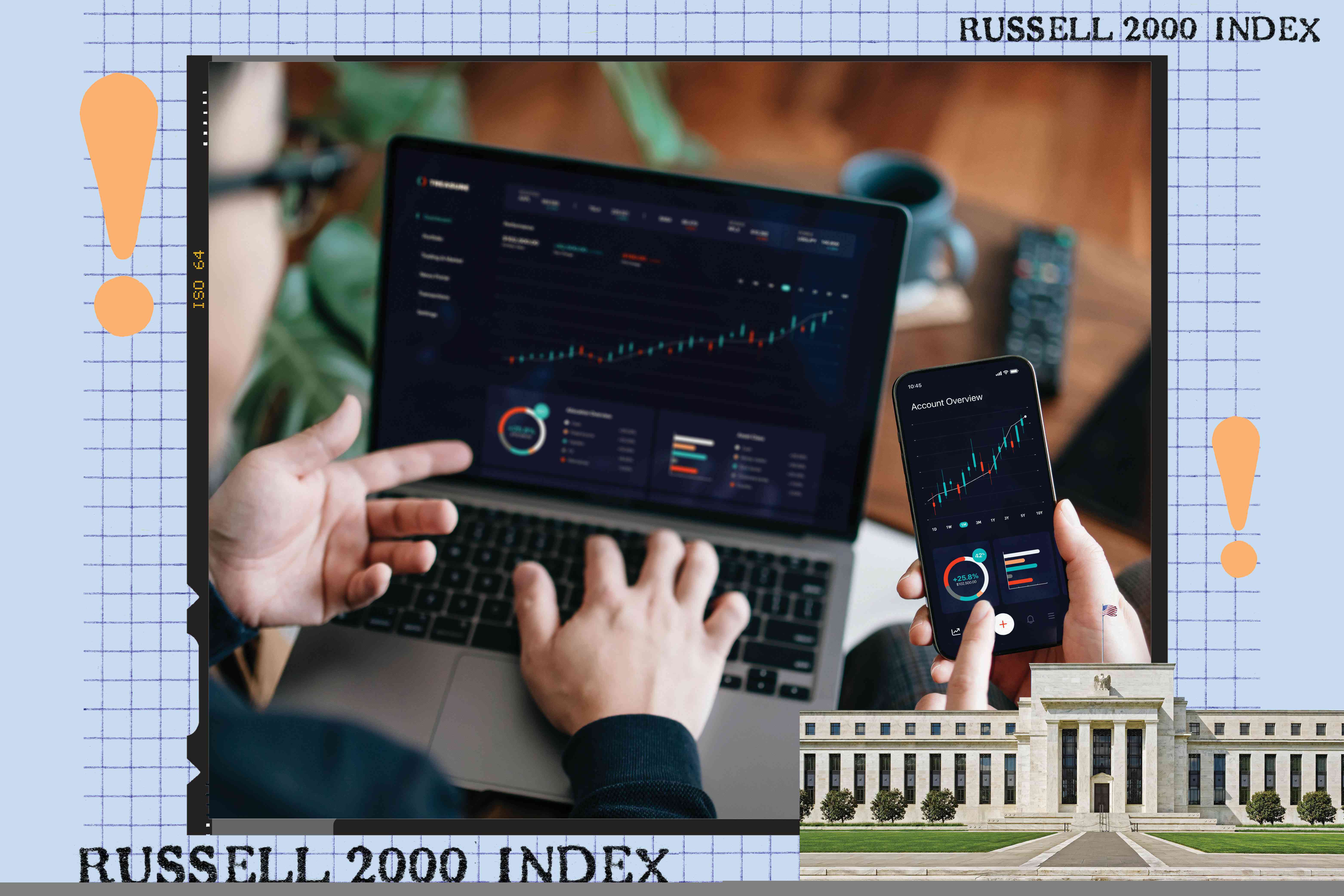 An illustration showing people looking at stock-market data and the Federal Reserve building. 