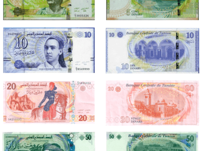 Tunisian banknotes in denominations of 5, 10, 20, and 50 dinar