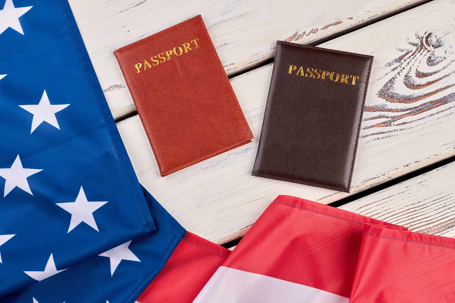 American Flag and Passports on Wood