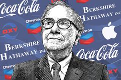 An illustration of Warren Buffett is layered on top of various logos of companies Berkshire Hathaway has holdings in. 