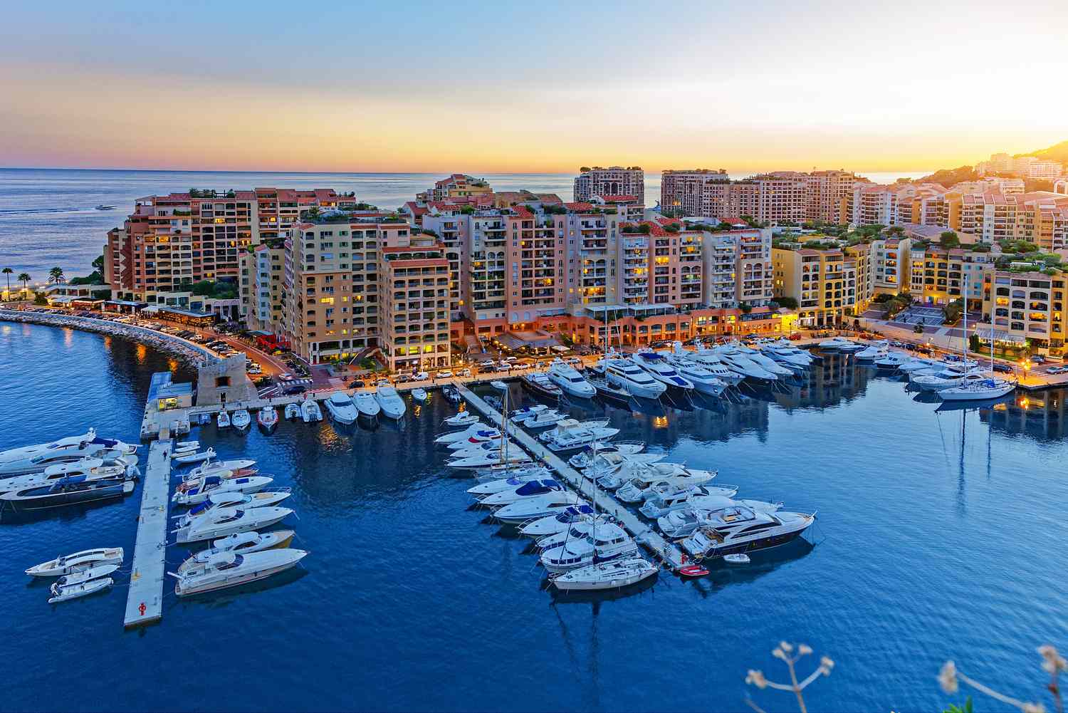 Fontvielle, Monaco harbor at sunset