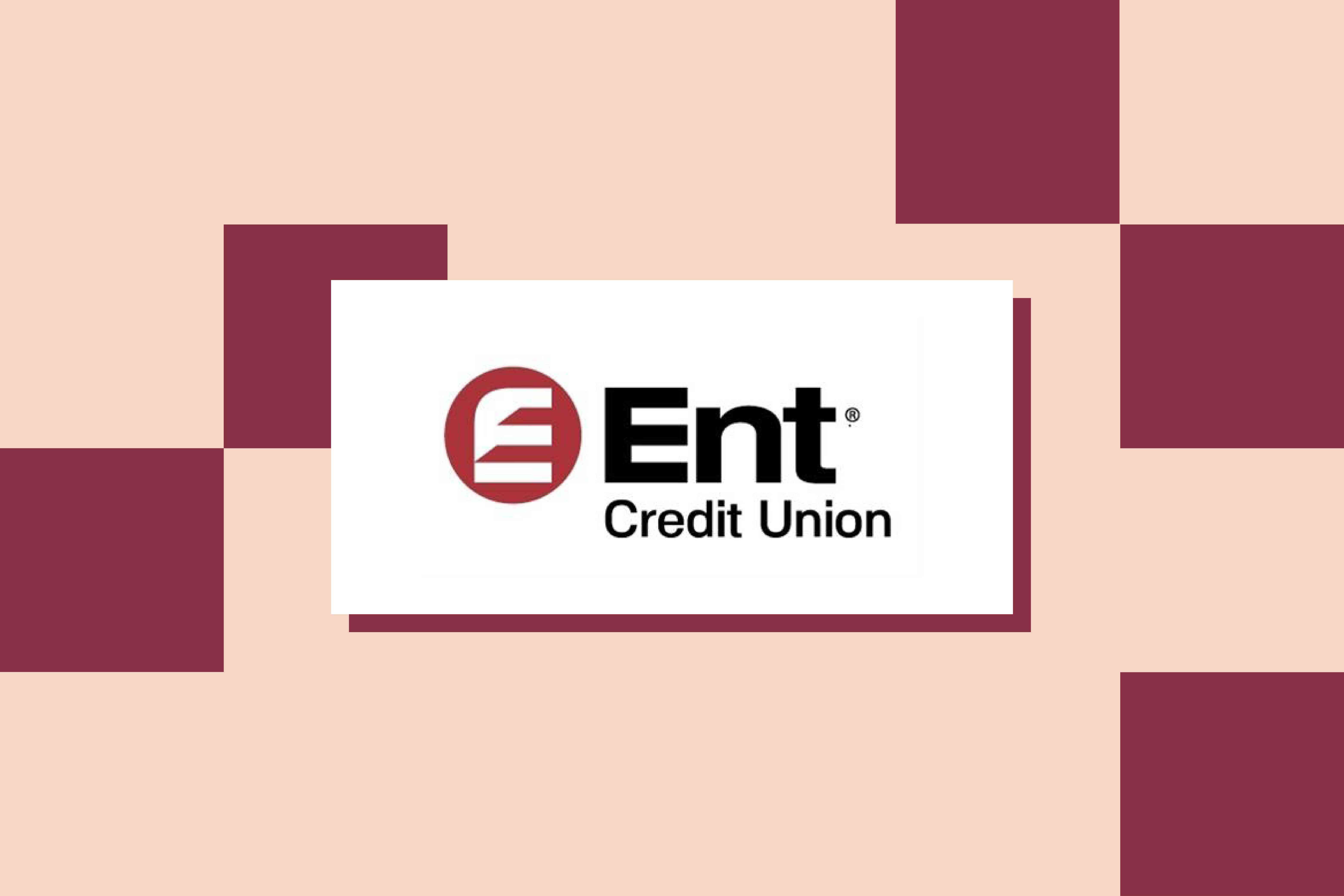 The Ent Credit Union logo drifts over a field of aubergine and salmon squares and rectangles..