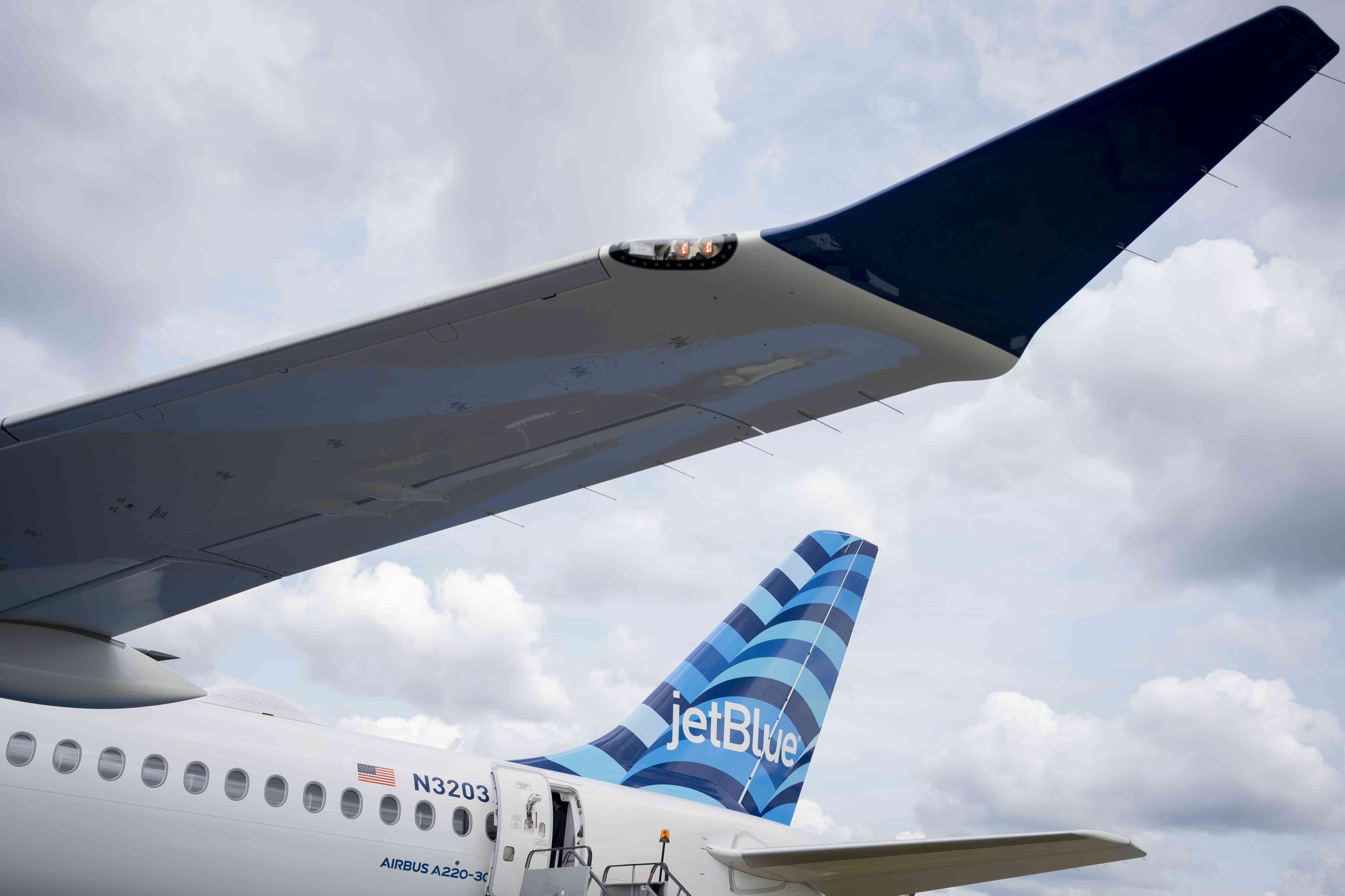 A JetBlue airplane at an air show in England in July. 