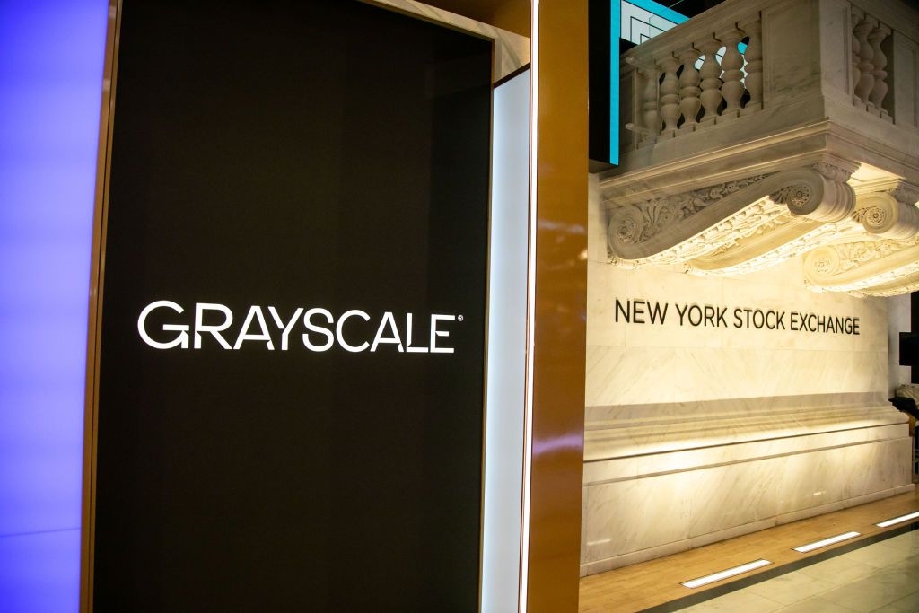 Grayscale Bitcoin Trust ETF (GBTC) signage on the floor of the New York Stock Exchange (NYSE) in New York, US, on Thursday, Jan. 11, 2024.