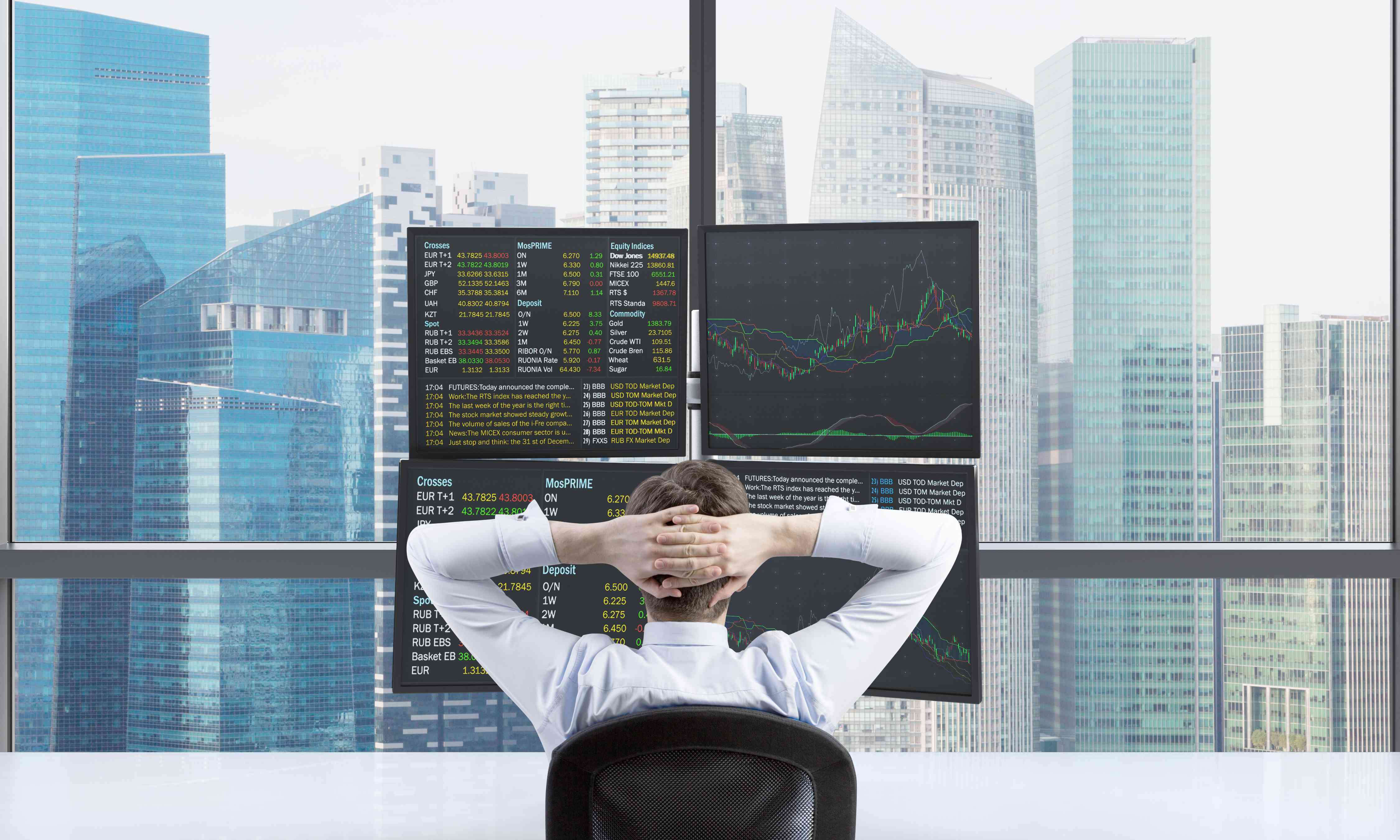 A forex arbitrage trader reclines in an office chair as they watch four monitors showing changes in international interest rates.