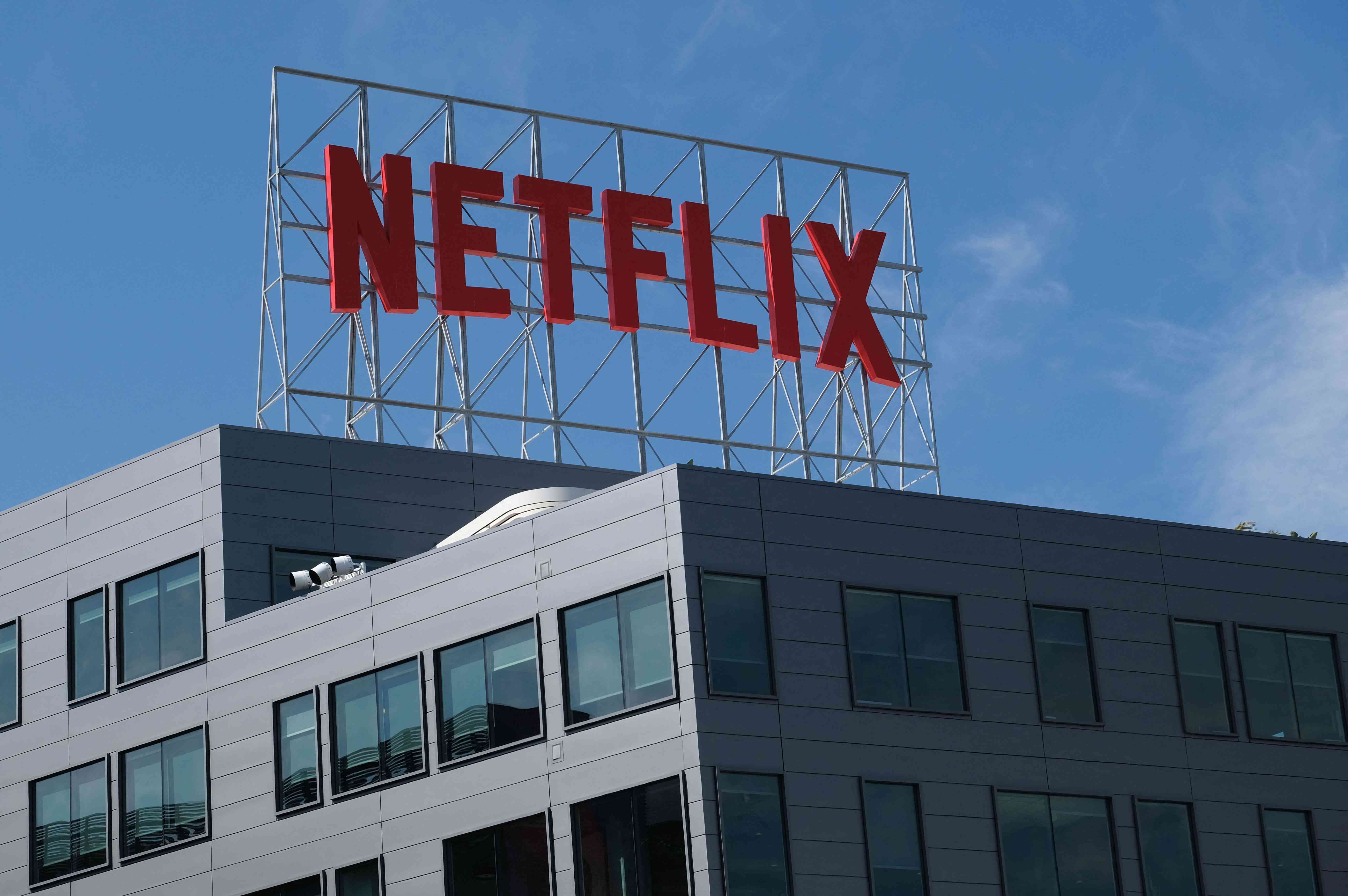 Netflix logo on office building.