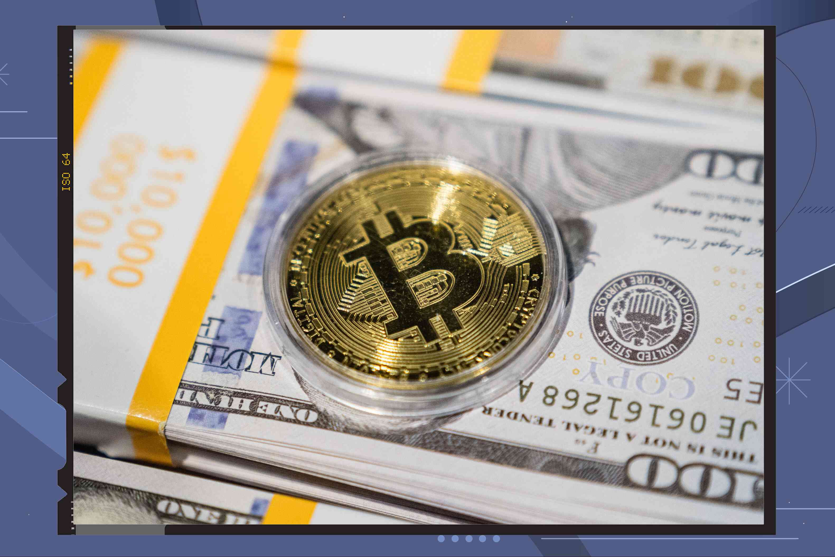 Illustration of bitcoin and $100 bills