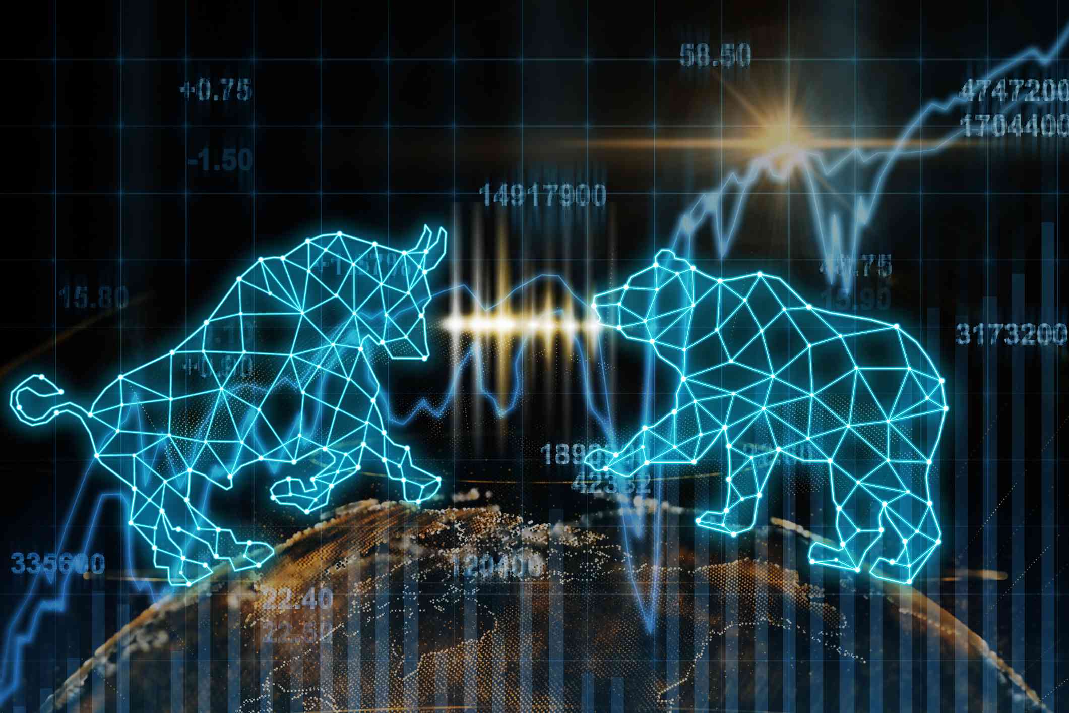 Bull and Bear polygonal shape writing by lines and dots over the abstract planet earth particle over the Stock market chart.