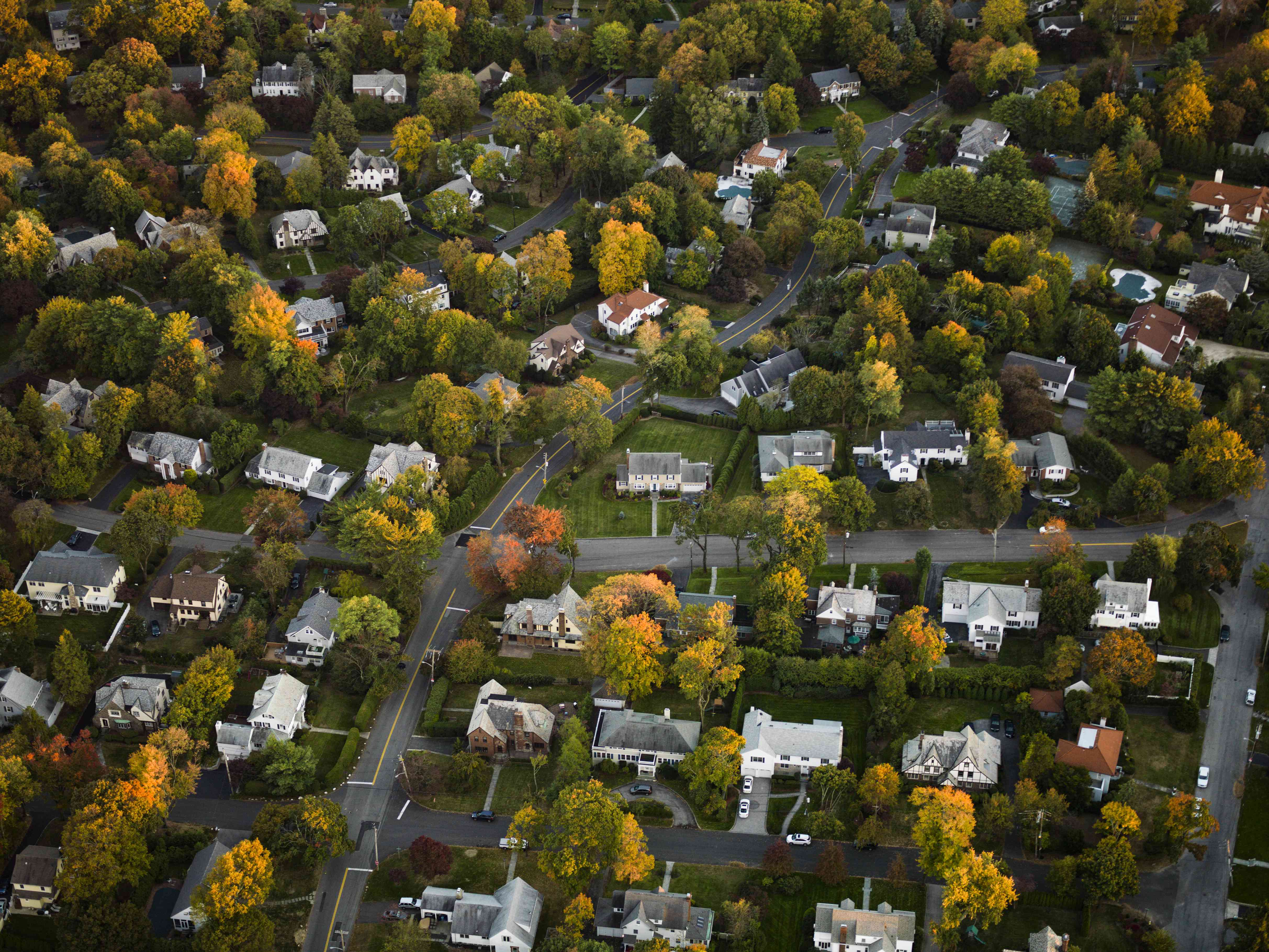 An aerial view of suburban houses