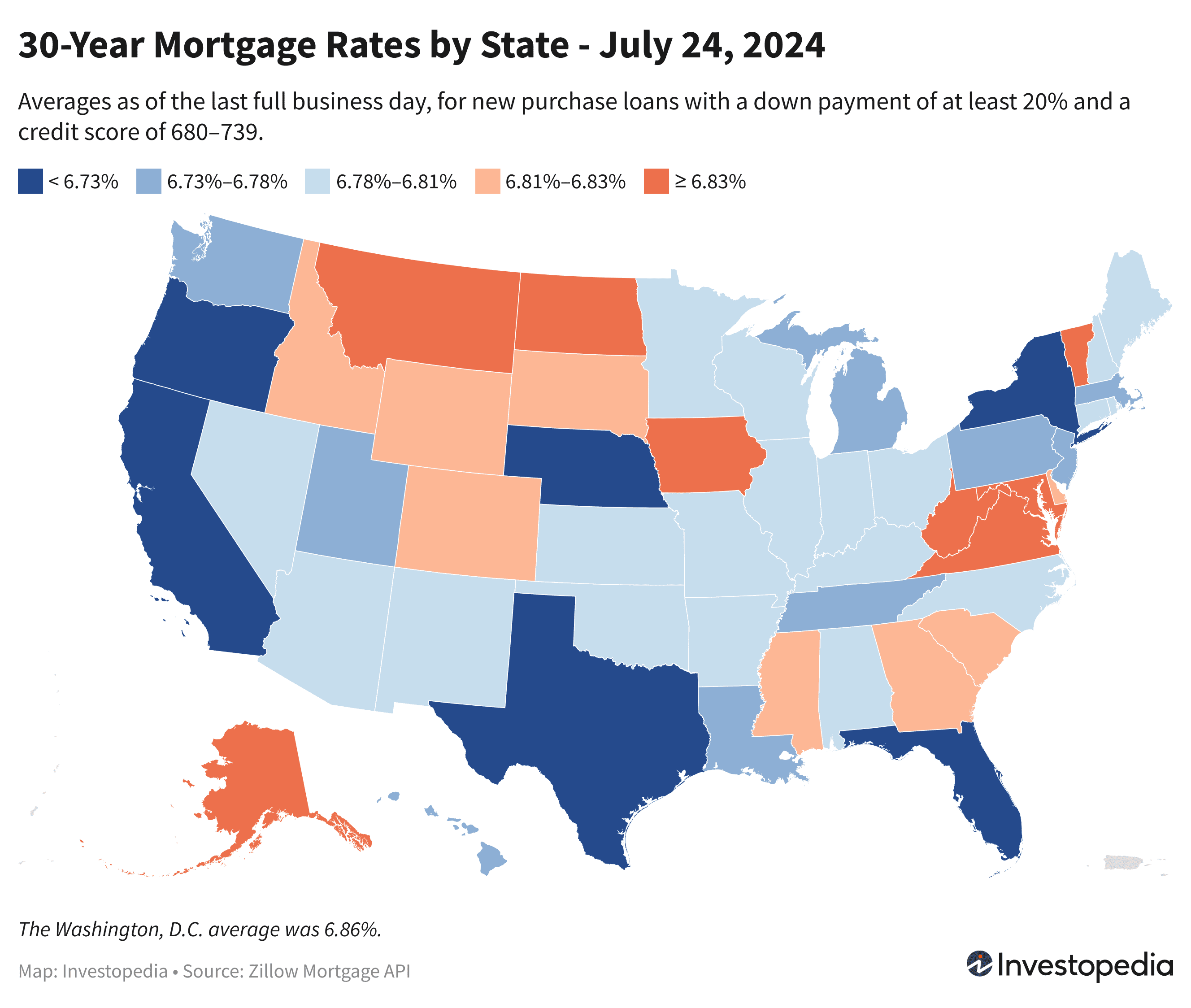 Map of 30-year mortgage rates by state - July 24, 2024
