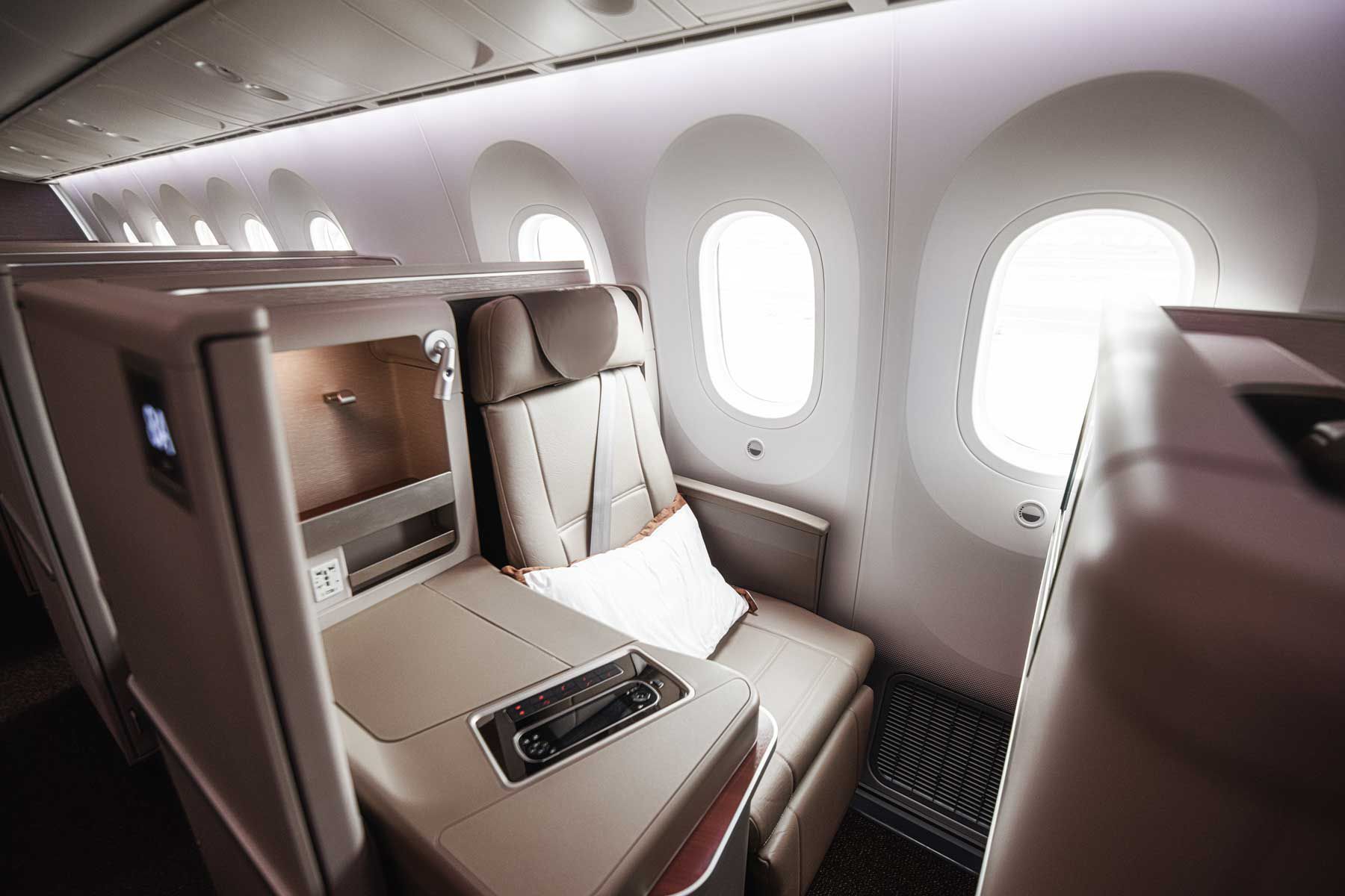 Airplane seat in first class cabin