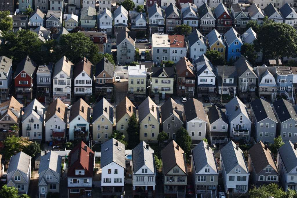 An aerial view of houses in Jersey City, United States on July 13, 2024. 