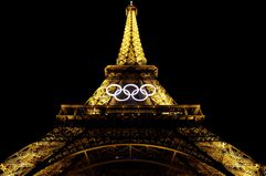 Eiffel Tower in Paris with 2024 Summer Olympics decorations