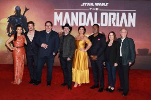 Ming-Na Wen, Pedro Pascal, Jon Favreau, Dave Filoni, Gina Carano, Carl Weathers, Kathleen Kennedy, Werner Herzog. Ming-Na Wen, from left, Pedro Pascal, Jon Favreau, Dave Filoni, Gina Carano, Carl Weathers, Kathleen Kennedy, and Werner Herzog attend the LA Premiere of "The Mandalorian" at the El Capitan Theatre, in Los AngelesLA Premiere of "The Mandalorian", Los Angeles, USA - 13 Nov 2019