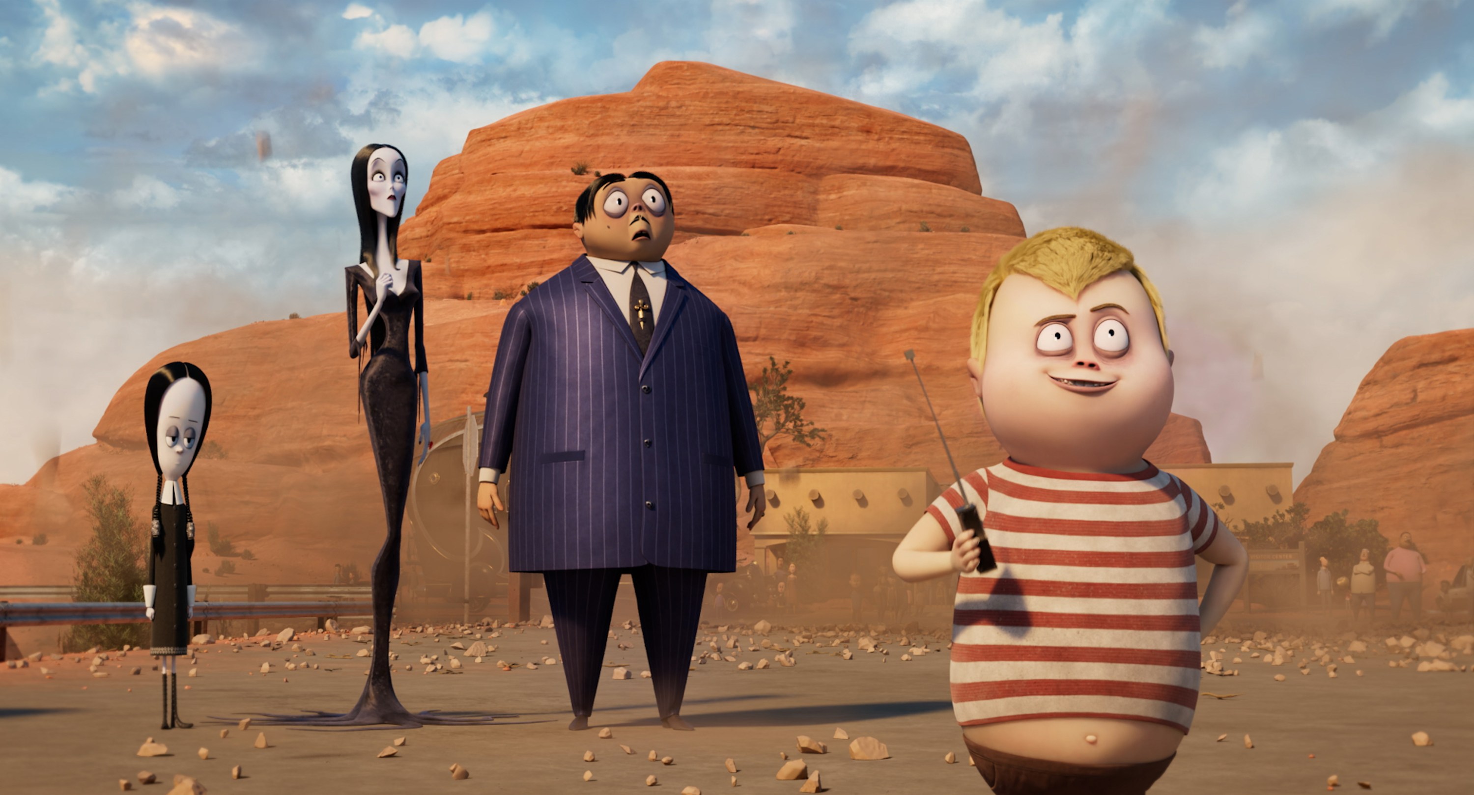 (L to R) Chloë Grace Moretz as the voice of Wednesday Addams, Charlize Theron as the voice of Morticia Addams, Oscar Isaac as the voice of Gomez Addams, and Javon Walton as the voice of Pugsley Addams in THE ADDAMS FAMILY 2, directed by Greg Tiernan and Conrad Vernon, a Metro Goldwyn Mayer Pictures film. Credit: Metro Goldwyn Mayer Pictures © 2021 Metro-Goldwyn-Mayer Pictures Inc. All Rights Reserved.