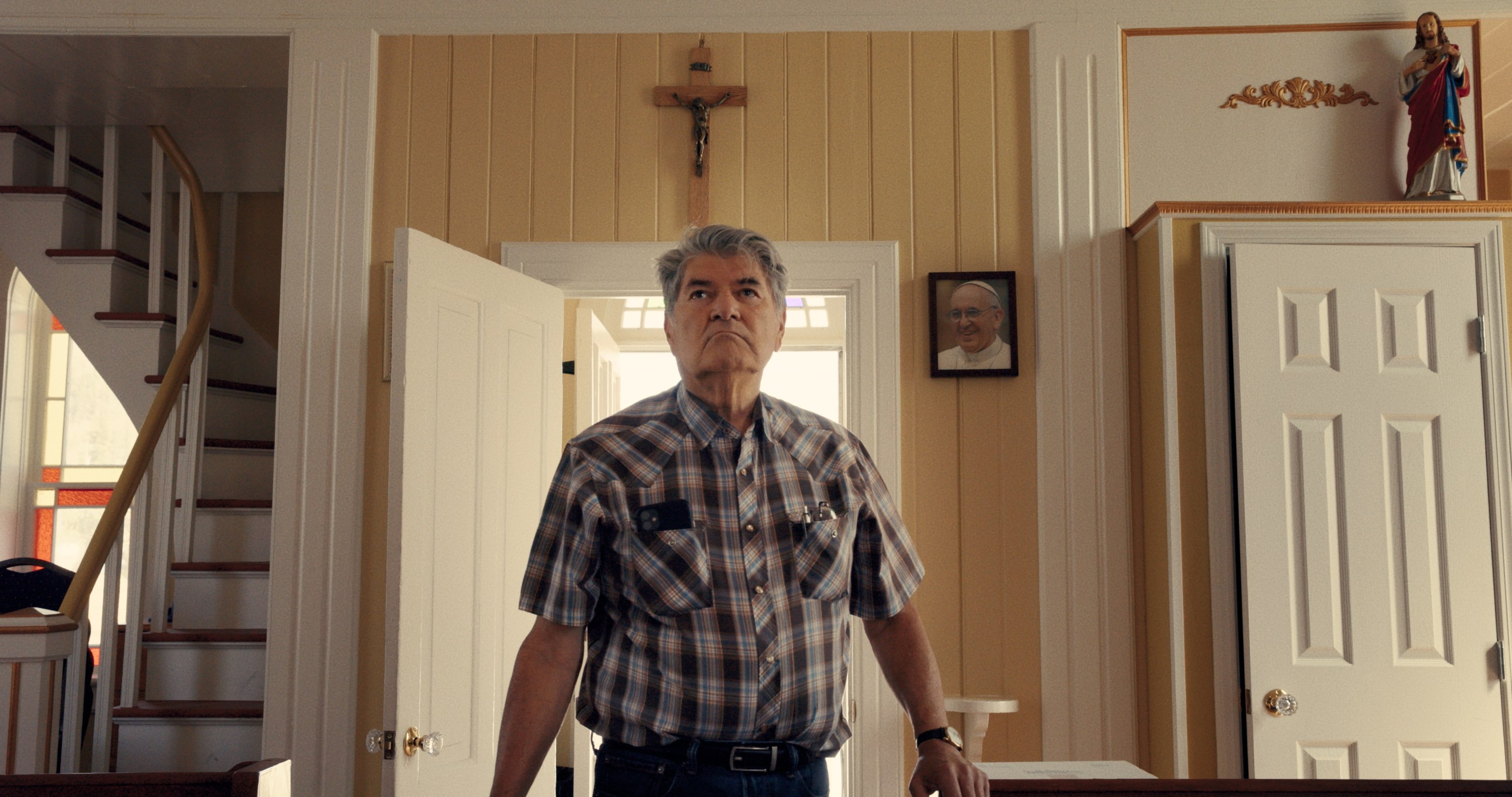 Rick Gilbert, former Chief of the Williams Lake First Nation, in the church on the Sugarcane Indian Reserve. (Credit: Christopher LaMarca/Sugarcane Film LLC)