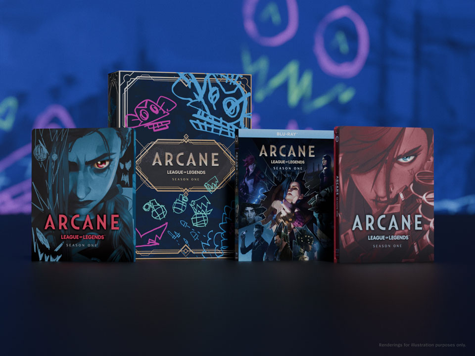 Image of the 'Arcane' Season 2 Blu-Ray and Steelbook releases, showing images of Jinx (Ella Purnell), graffiti from the series, and Vi (Hailee Steinfeld) on the covers.