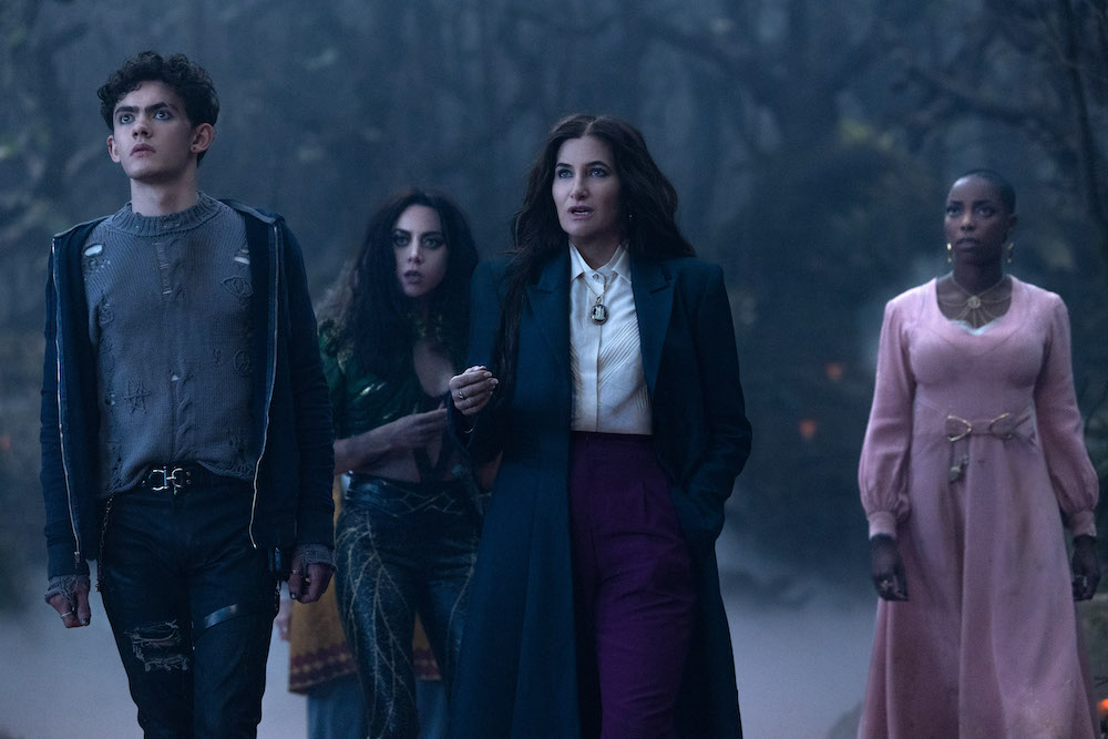 (L-R): Teen (Joe Locke), Rio Vidal (Aubrey Plaza), Agatha Harkness (Kathryn Hahn) and Jennifer Kale (Sasheer Zamata) star in Marvel Television's AGATHA ALL ALONG