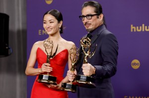 Anna Sawai, winner of the Outstanding Lead Actress in a Drama Series award and Hiroyuki Sanada, winner of the Outstanding Lead Actor in a Drama Series award for 'Shōgun', pose in the press room during the 76th Primetime Emmy Awards.