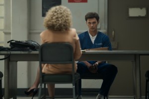 'Monsters' Episode 5 stars Ari Graynor as Leslie Abramson and Cooper Koch as Erik Menendez, shown here sitting across a table from each other