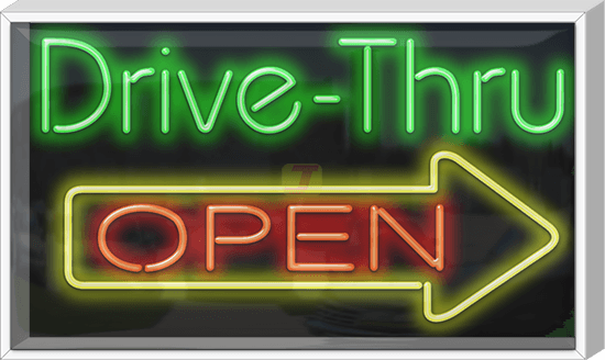 Outdoor Drive-Thru Open with Right Arrow Neon Sign