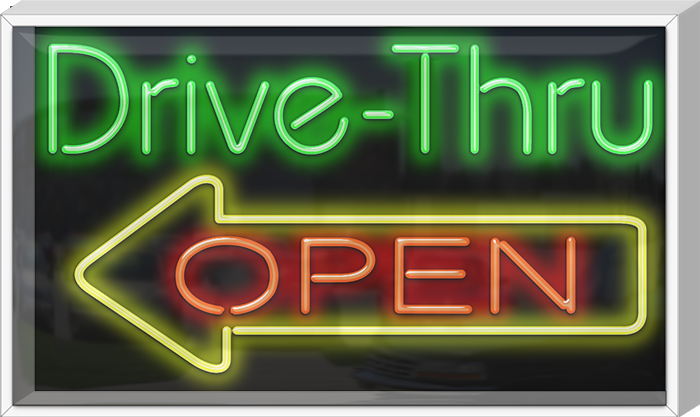 Outdoor Drive-Thru Open with Left Arrow Neon Sign