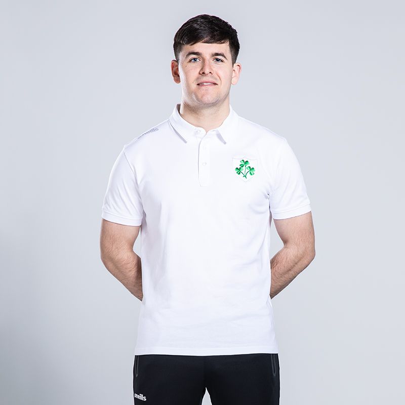 White Men’s Ireland Shamrock Polo Shirt with embroidered shamrock crest by O’Neills.