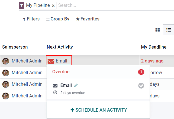 List view of the CRM pipeline and the option to schedule an activity.