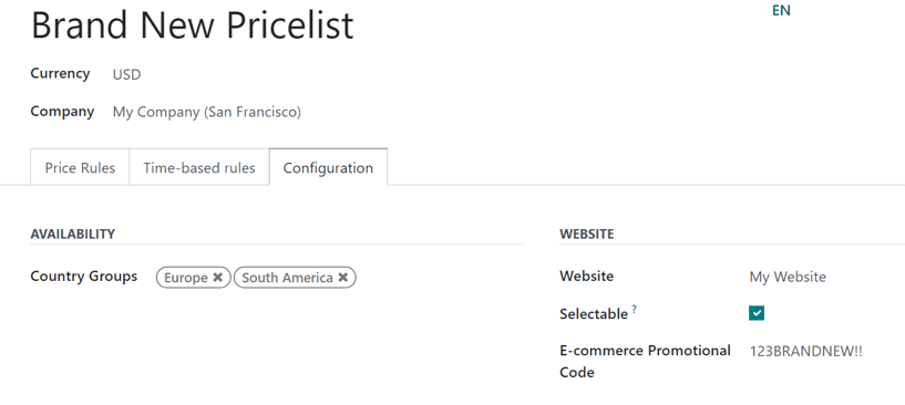 Configuration tab on pricelist detail form in Odoo Sales.