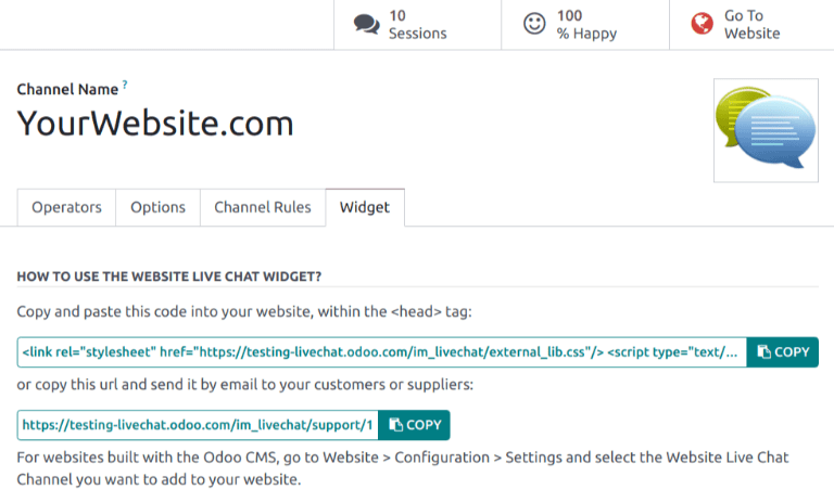 View of the widget tab for Odoo Live Chat.