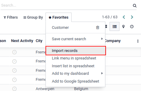 Favorites menu revealed with the import records option highlighted.