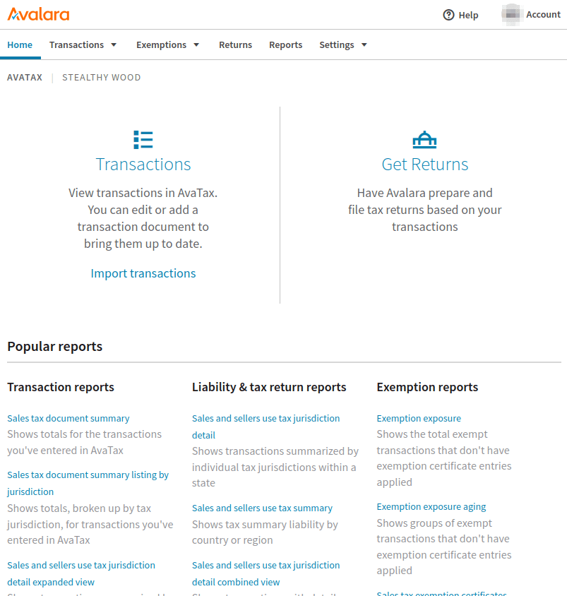 Avalara dashboard after logging into management portal.