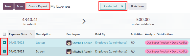 Select the expenses to submit, then create the report.
