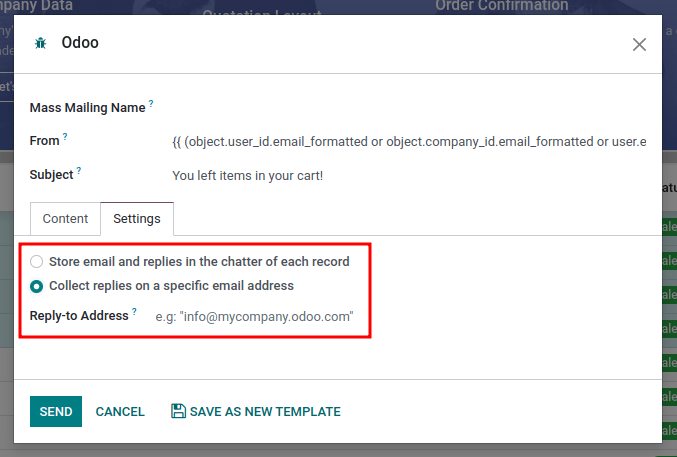 Email composer in mass mailing mode with reply-to highlighted.