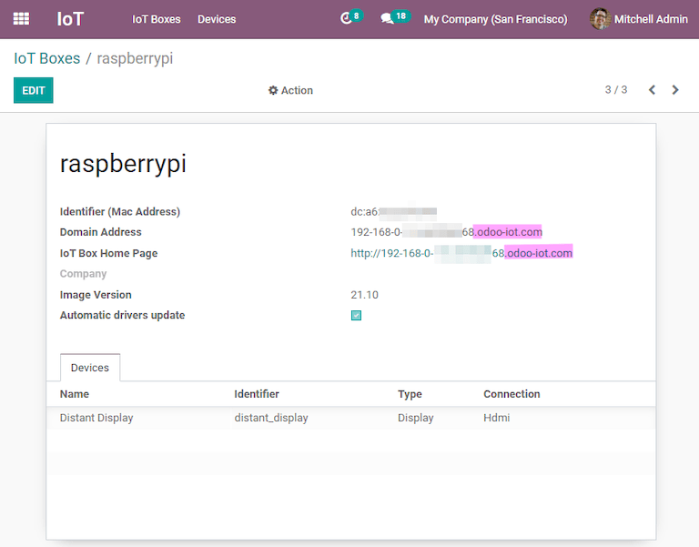 Odoo IoT app IoT box with .odoo-iot.com domain.