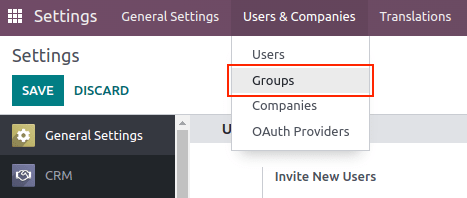 Groups menu in the Users & Companies section of the Settings app of Odoo.