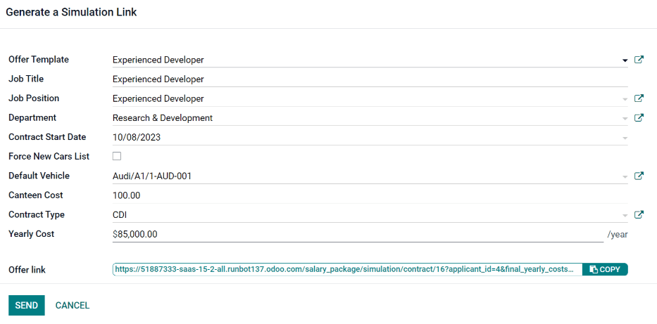 Format the offer to send to the applicant. Make any modifications before sending.