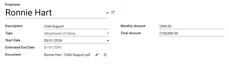 The salary attachment form with everything filled in for Ronnie Hart's child support.