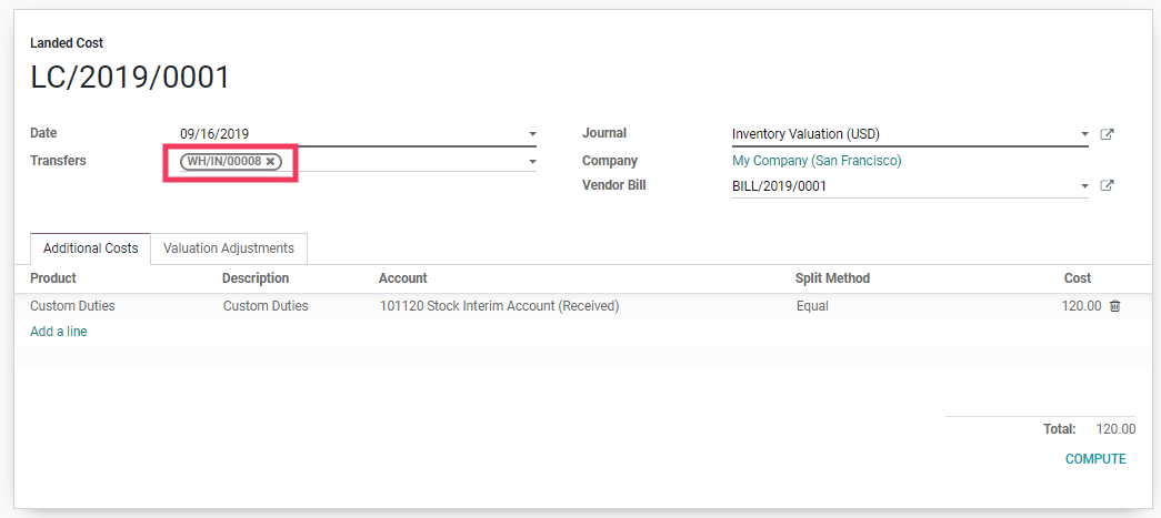 Use a warehouse transfer to cover a landed cost in the accounting journal.