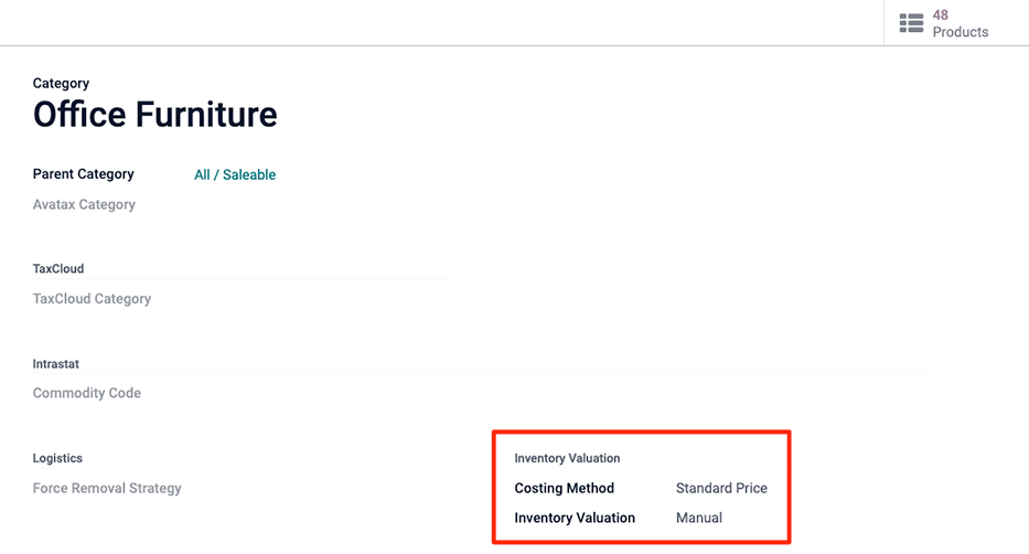 The Inventory Valuation fields are located on the Product Categories form.