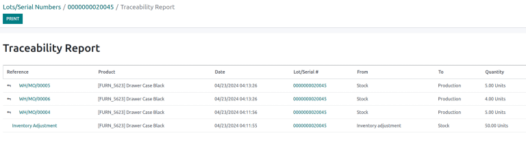 Show the Traceability Report for a lot, that displays the stock moves.