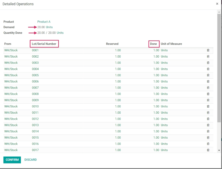 Serial numbers listed in detailed operations popup.