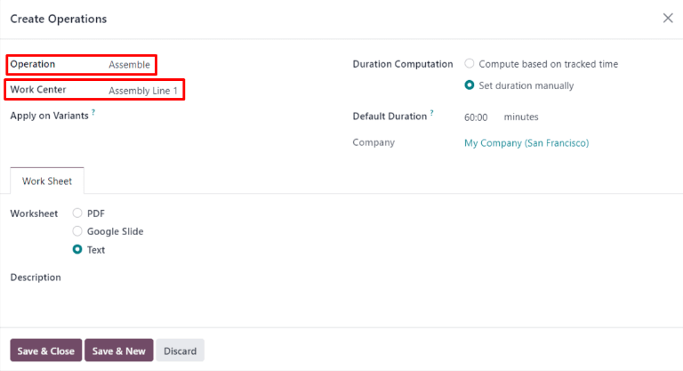 The Operations tab on a bill of materials.