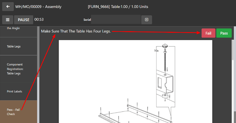 A Pass - Fail check for a manufacturing work order.