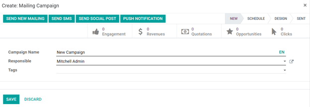 View of the email mailing campaign pop-up window in Odoo Email Marketing application.