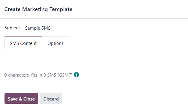 The create marketing template pop-up window to create a SMS template on-the-fly.