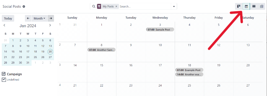 Example of the calendar view in Odoo Social Marketing.