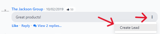 The drop-down menu beside a comment revealing the option to create a lead.